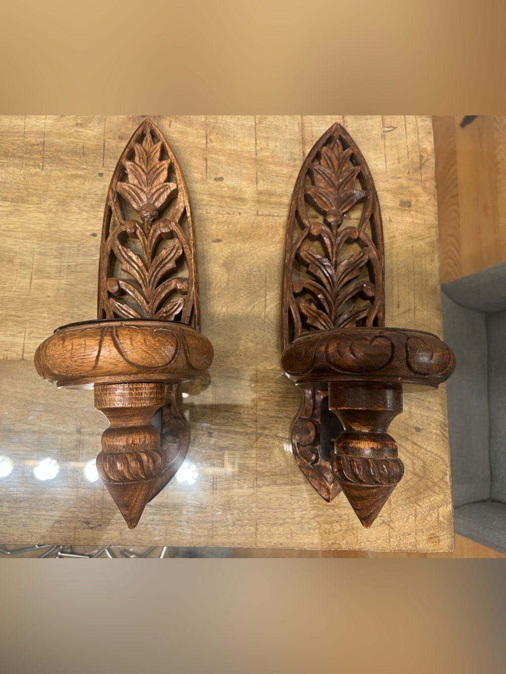 Vintage Carved Wood Wall Mount Candle Holders sconces